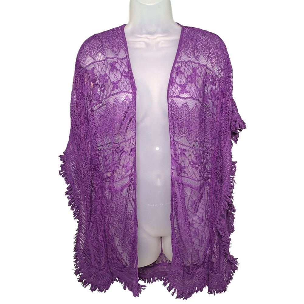 Curations Caravan Small Cardigan Purple Crochet Lace Fringe‎ Boho Wrap 88563
